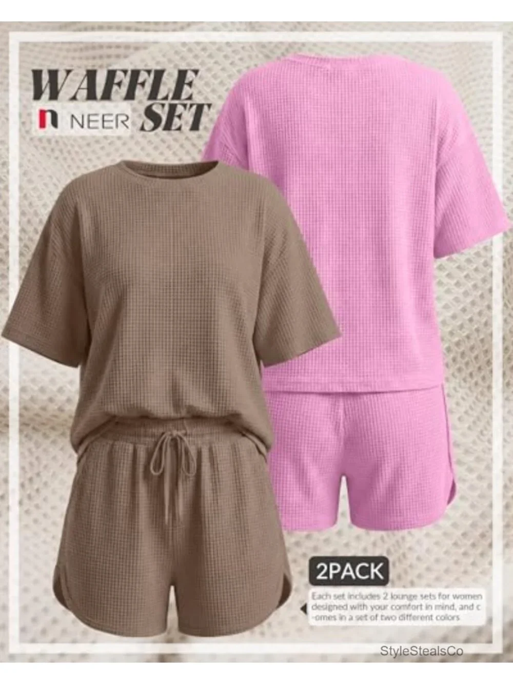 Waffle Knit Pajama Sets with Pockets Short Sleeve Top and Shorts Matching Set